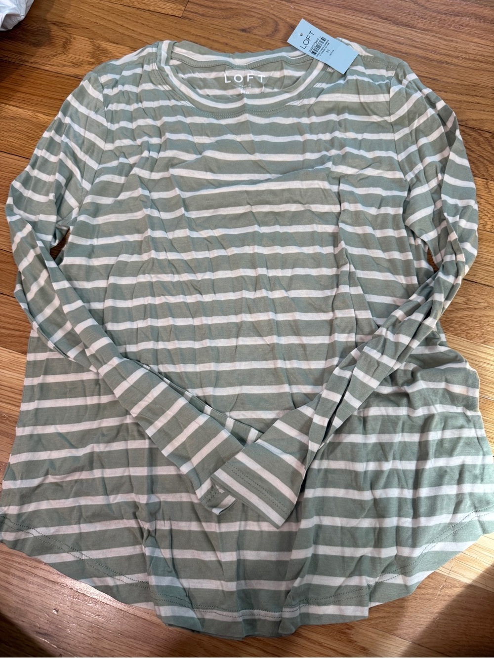 Ann Taylor LOFT long sleeve T-shirt, petite medium- light green with stripes